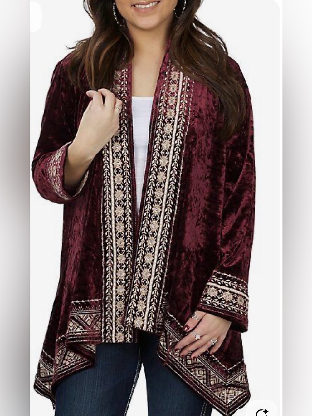 Embroidered Velvet Open-Front velvet cardigan in Deep Wine